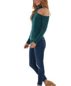 Lush Clothing Forest Green Mock Neck Cold Shoulder Top