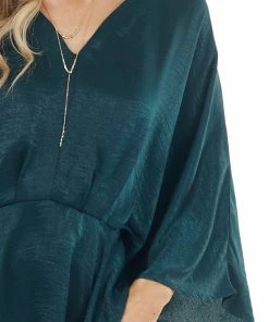 Caramela Forest Green Satin Flowy Drop Waist Blouse With V Neckline Tops