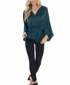 Caramela Forest Green Satin Flowy Drop Waist Blouse With V Neckline Tops