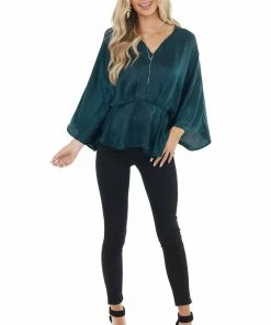 Caramela Forest Green Satin Flowy Drop Waist Blouse With V Neckline Tops