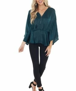Caramela Forest Green Satin Flowy Drop Waist Blouse With V Neckline Tops