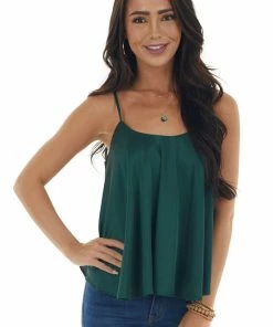 She + Sky Forest Green Satin Flowy Round Neckline Top