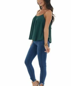 She + Sky Forest Green Satin Flowy Round Neckline Top