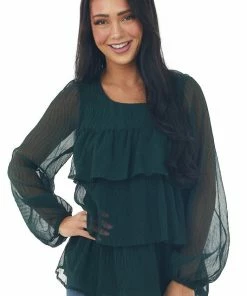Andree Forest Green Textured Tiered Babydoll Blouse