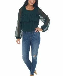 Andree Forest Green Textured Tiered Babydoll Blouse