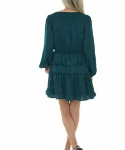 Peach Love Forest Green Tiered Satin Surplice Dress Dresses