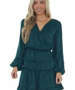 Peach Love Forest Green Tiered Satin Surplice Dress Dresses