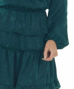 Peach Love Forest Green Tiered Satin Surplice Dress Dresses