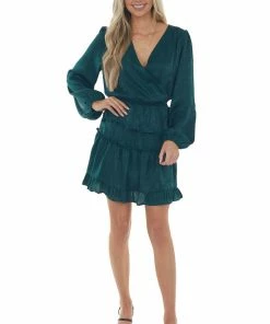 Peach Love Forest Green Tiered Satin Surplice Dress Dresses