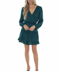 Peach Love Forest Green Tiered Satin Surplice Dress Dresses