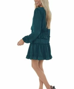 Peach Love Forest Green Tiered Satin Surplice Dress Dresses