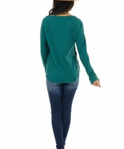 Umgee Forest Green Waffle Knit Henley Top With Raw Edge Details