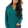 Umgee Forest Green Waffle Knit Henley Top With Raw Edge Details
