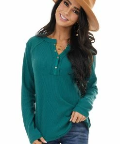 Umgee Forest Green Waffle Knit Henley Top With Raw Edge Details