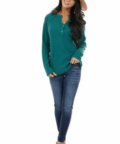 Umgee Forest Green Waffle Knit Henley Top With Raw Edge Details
