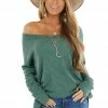 BucketList Tops Forest Green Waffle Knit Long Sleeve Top With Thumb Holes