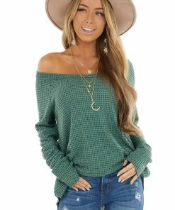 BucketList Tops Forest Green Waffle Knit Long Sleeve Top With Thumb Holes