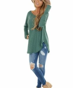 BucketList Tops Forest Green Waffle Knit Long Sleeve Top With Thumb Holes