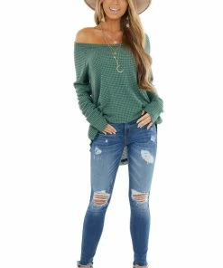 BucketList Tops Forest Green Waffle Knit Long Sleeve Top With Thumb Holes