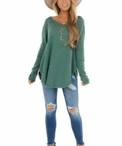 BucketList Tops Forest Green Waffle Knit Long Sleeve Top With Thumb Holes