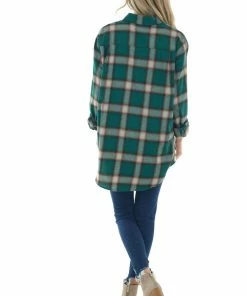 La Miel Forest Plaid Curved Hem Button Down Flannel Tops