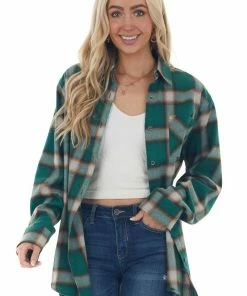 La Miel Forest Plaid Curved Hem Button Down Flannel Tops