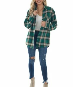 La Miel Forest Plaid Curved Hem Button Down Flannel Tops