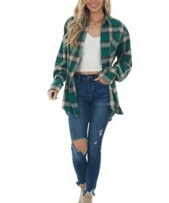 La Miel Forest Plaid Curved Hem Button Down Flannel Tops