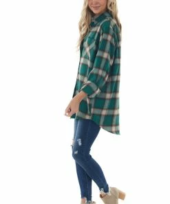 La Miel Forest Plaid Curved Hem Button Down Flannel Tops