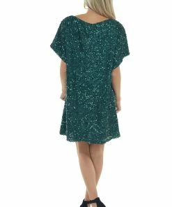 Vine & Love Forest Sequined Short Flowy Sleeve Shift Dress