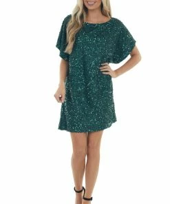 Vine & Love Forest Sequined Short Flowy Sleeve Shift Dress