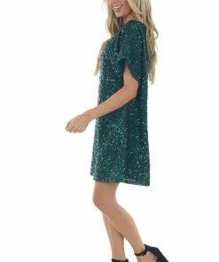 Vine & Love Forest Sequined Short Flowy Sleeve Shift Dress