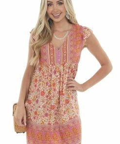 Ces Femme Dresses Watermelon And Marigold Print Button Front Dress