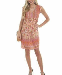 Ces Femme Dresses Watermelon And Marigold Print Button Front Dress