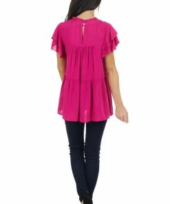 Jodifl Fuchsia High Neck Top With Double Ruffled Short Sleeves Tops