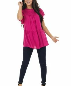 Jodifl Fuchsia High Neck Top With Double Ruffled Short Sleeves Tops