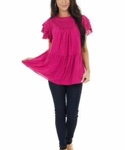 Jodifl Fuchsia High Neck Top With Double Ruffled Short Sleeves Tops