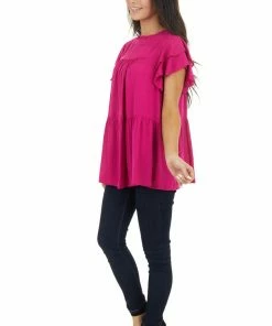 Jodifl Fuchsia High Neck Top With Double Ruffled Short Sleeves Tops