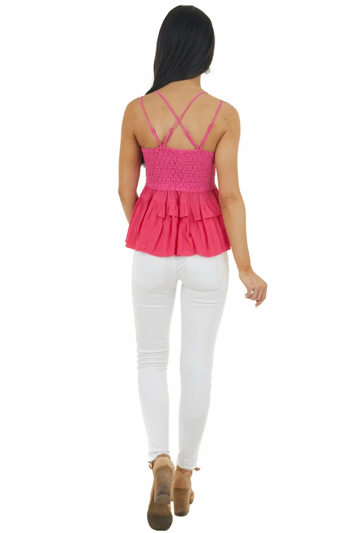 ZENANA Fuchsia Lace Peplum Ruffled Tank With Criss Cross Straps 9 ZENANA Fuchsia Lace Peplum Ruffled Tank With Criss Cross Straps