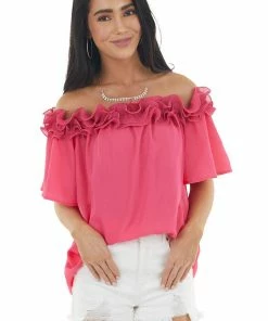 Vine & Love Fuchsia Off The Shoulder Short Sleeve Top With Ruffle Detail Tops