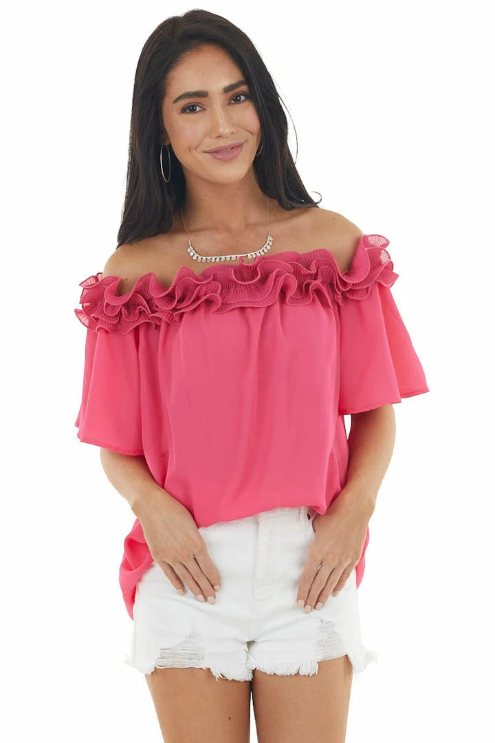 Vine & Love Fuchsia Off The Shoulder Short Sleeve Top With Ruffle Detail Tops 4 Vine & Love Fuchsia Off The Shoulder Short Sleeve Top With Ruffle Detail Tops