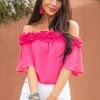 Vine & Love Fuchsia Off The Shoulder Short Sleeve Top With Ruffle Detail Tops