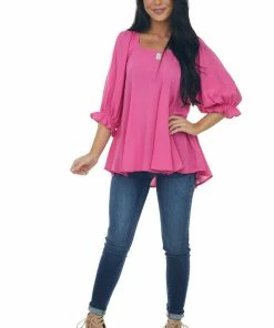 Umgee Tops Fuchsia Puff Sleeve Pleated Loose Blouse