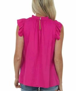 FSL APPAREL Tops Fuchsia Short Ruffle Sleeve High Neck Blouse
