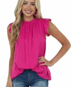 FSL APPAREL Tops Fuchsia Short Ruffle Sleeve High Neck Blouse