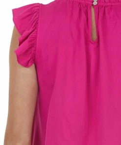 FSL APPAREL Tops Fuchsia Short Ruffle Sleeve High Neck Blouse