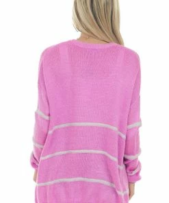 Cezele Fuchsia Striped Drop Shoulder Knit Cardigan