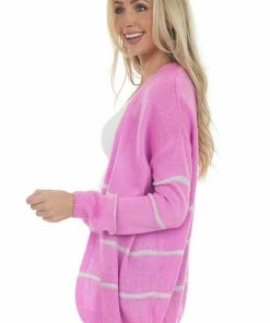 Cezele Fuchsia Striped Drop Shoulder Knit Cardigan
