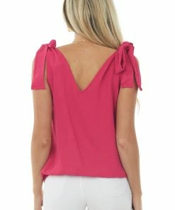 BiBi Fuchsia Surplice Tie Strap V Neck Woven Tank Top Tops