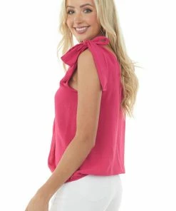 BiBi Fuchsia Surplice Tie Strap V Neck Woven Tank Top Tops